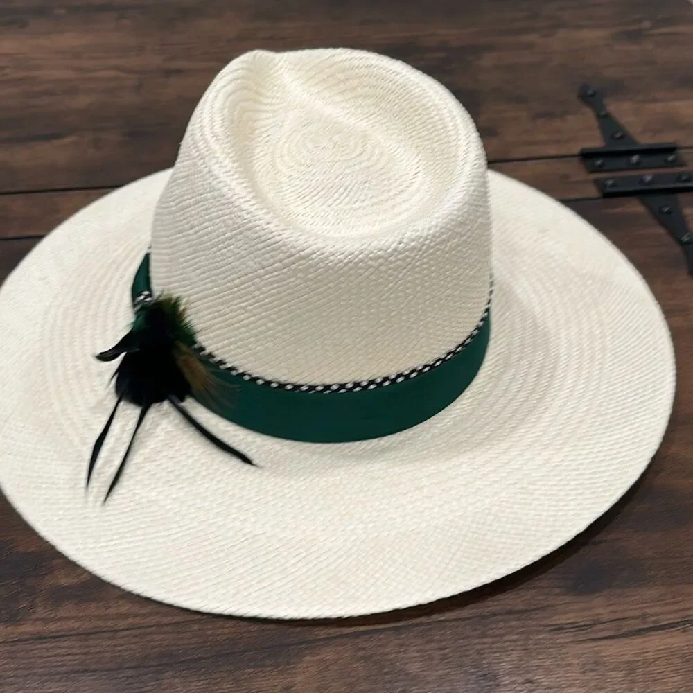 NWT B Couture Women's Wide Brim Feather Band Diane Panama Hat White Green 56cm/M